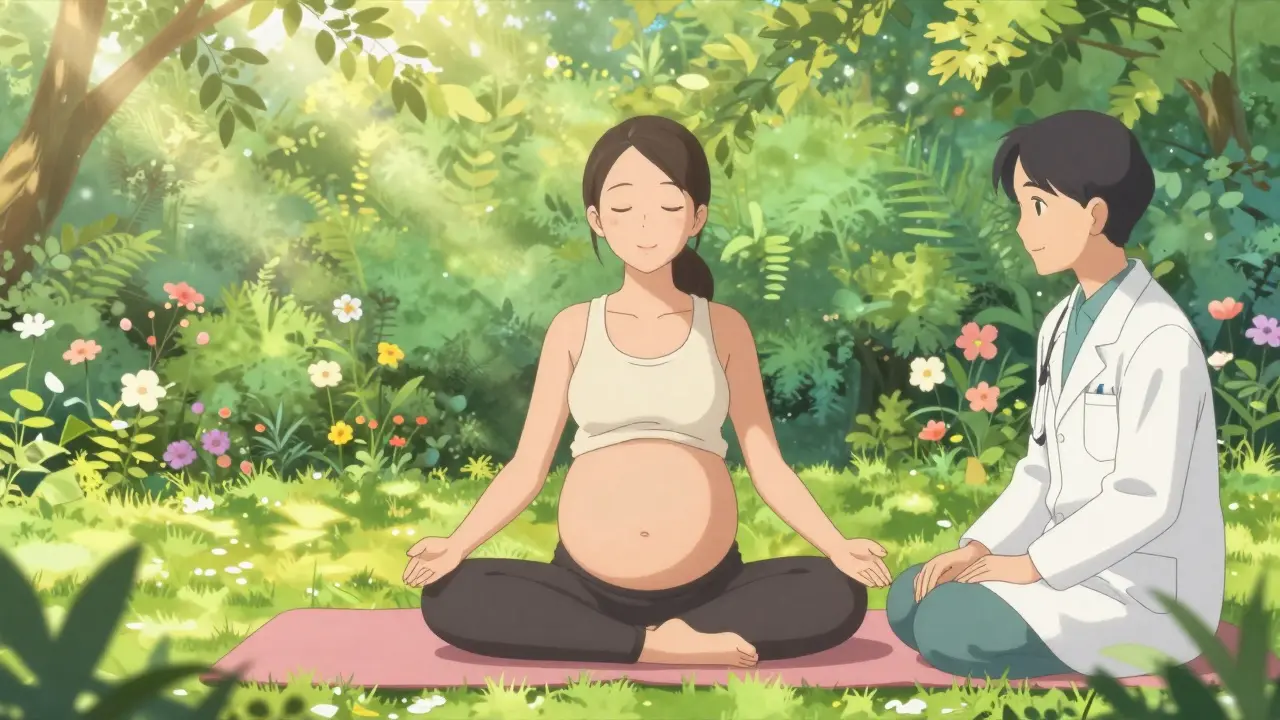 Femme enceinte pratiquant le yoga en plein air pour gérer son anxiété.