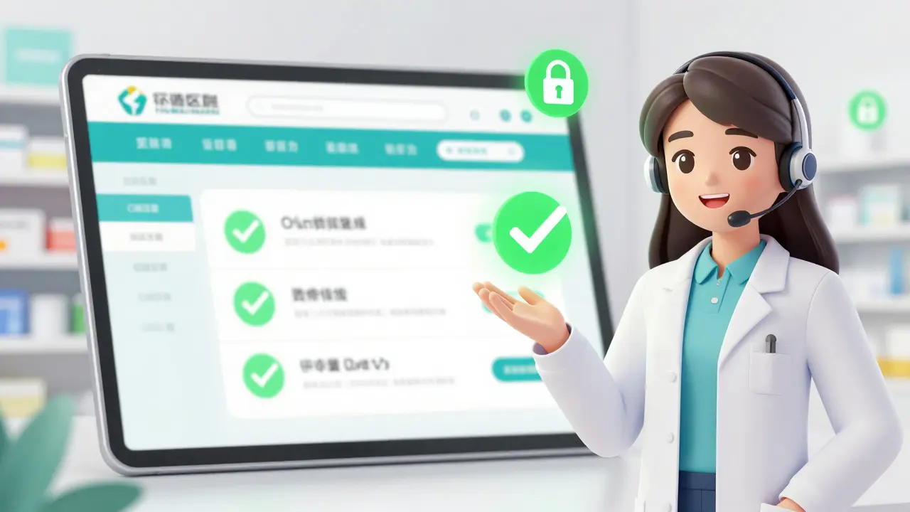 Interface de pharmacie en ligne sécurisée avec icônes de confiance