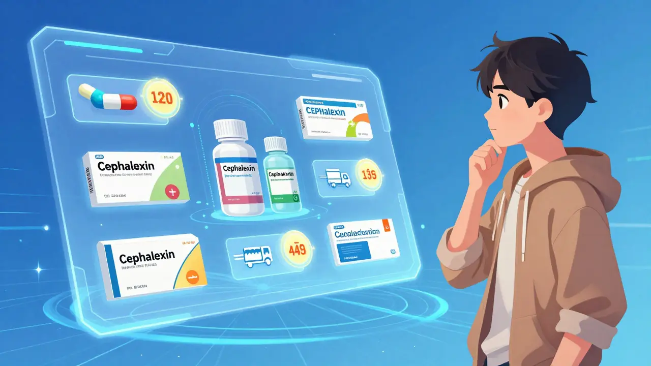 Interface numérique comparant les prix et options de pharmacies en ligne