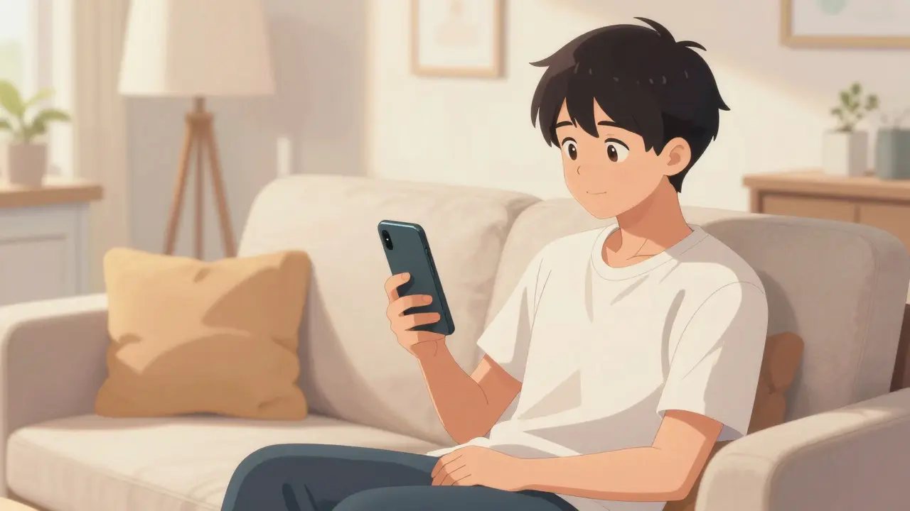 Jeune adulte consultant un médecin par vidéoconférence depuis son canapé