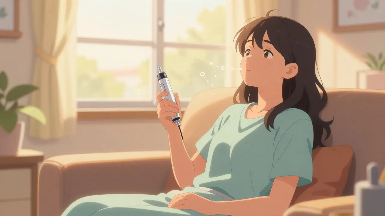Patient apaisé utilisant un stylo injecteur dans un salon lumineux