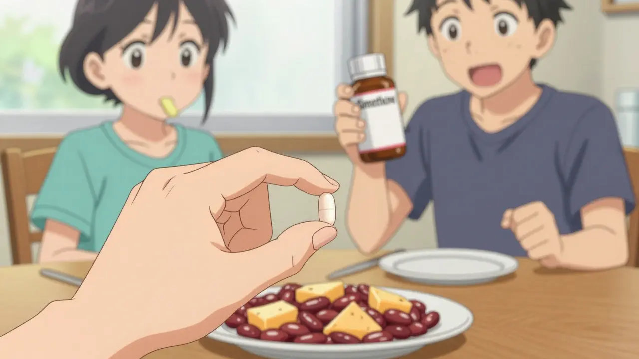 Scène anime montrant le choix entre prise d'enzymes avant le repas et siméthicone après