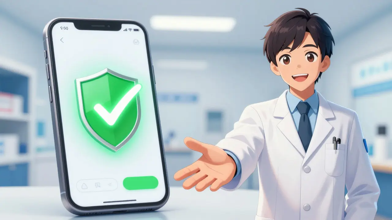 Scène de vérification sécurisée d'une pharmacie en ligne avec un pharmacien souriant
