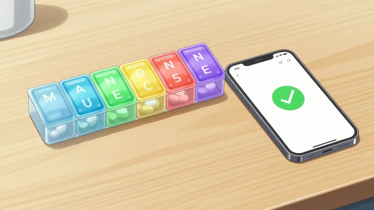 Pilulier hebdomadaire organisé et téléphone avec rappel visuel