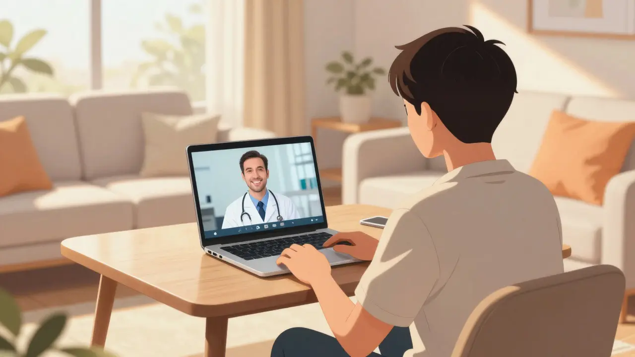 Consultation télémedicale sécurisée depuis un salon lumineux et confortable