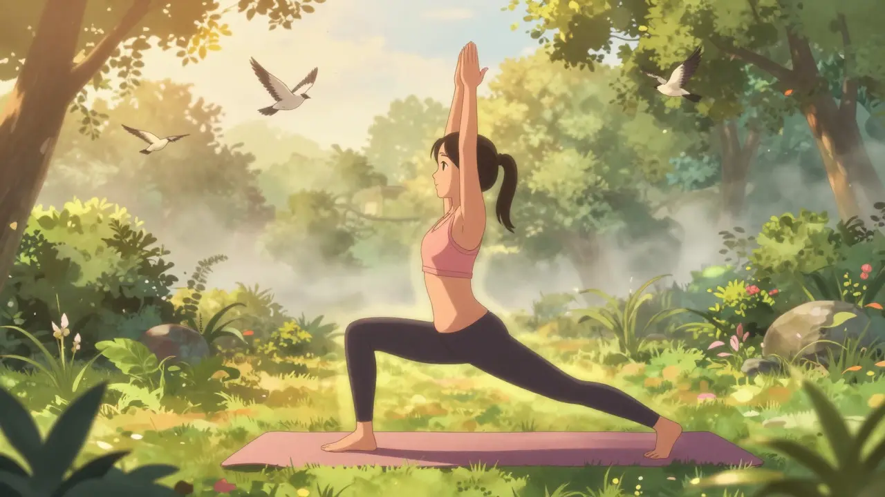 Femme pratiquant le yoga dans un jardin ensoleillé pour gérer le stress