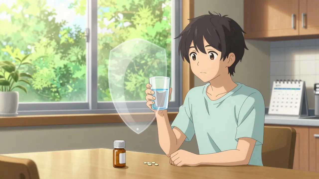 Personnage anime prenant des médicaments près d'une fenêtre ensoleillée