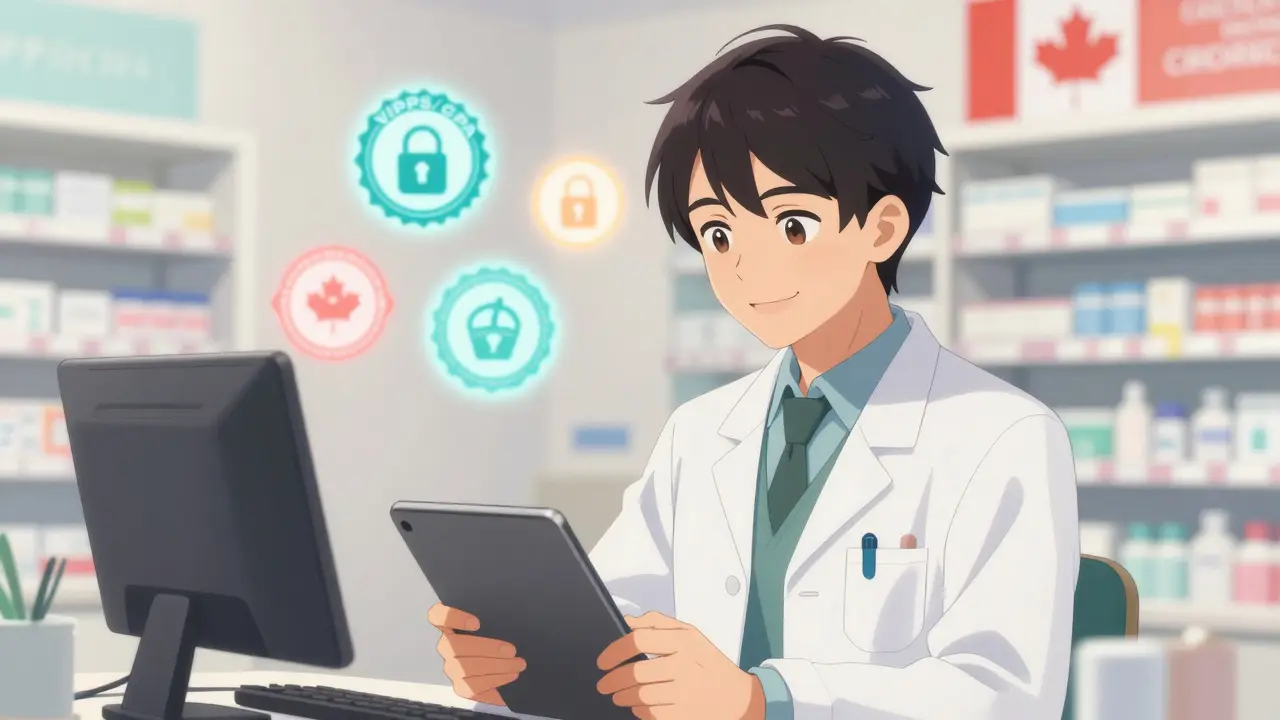 Pharmacien souriant vérifiant une commande en ligne avec des sceaux de sécurité