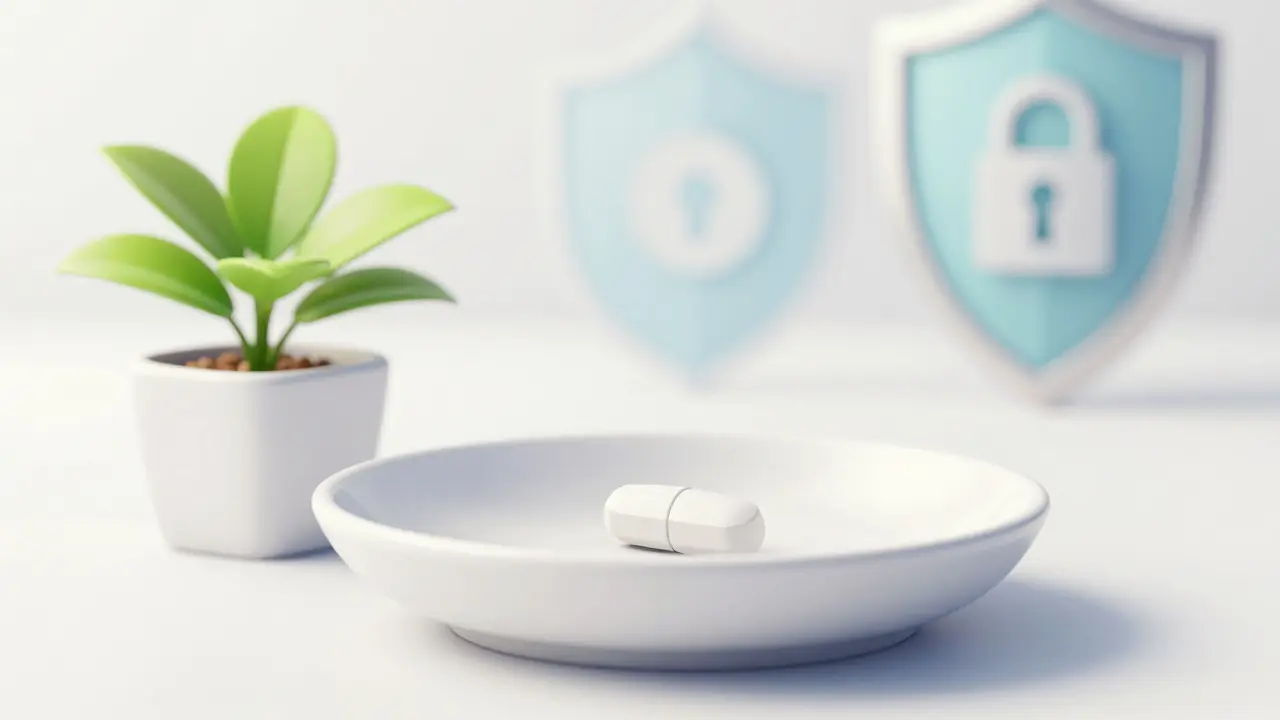 Pilule de finastéride sur un plateau blanc avec une plante verte