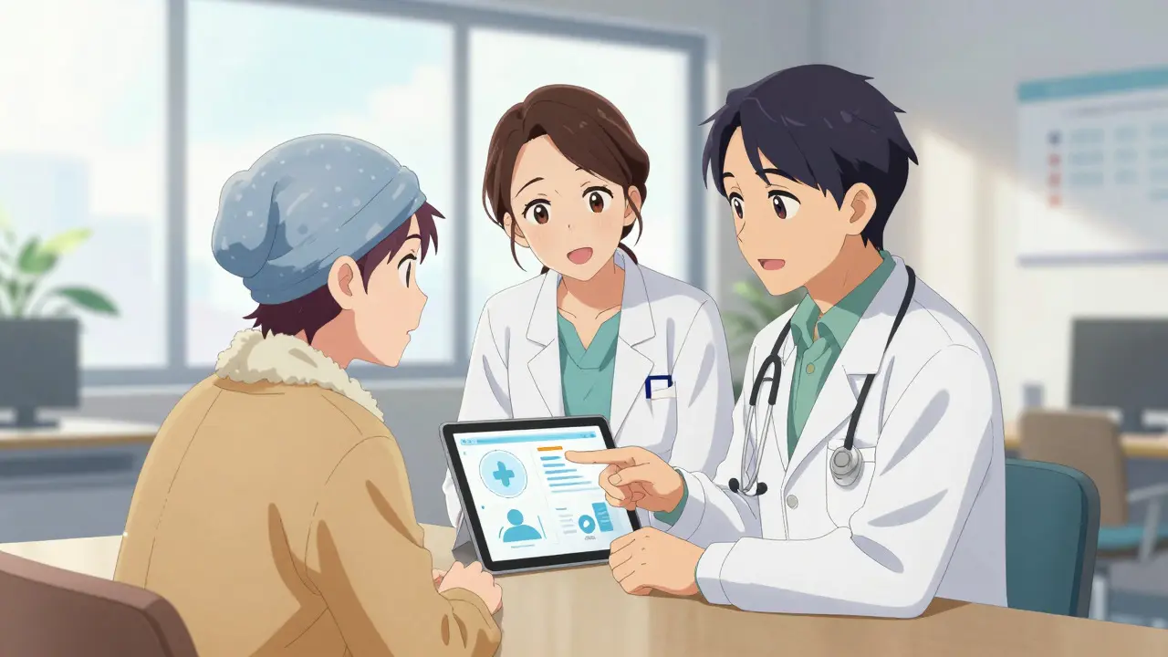Navigateur financier aidant un patient au cabinet