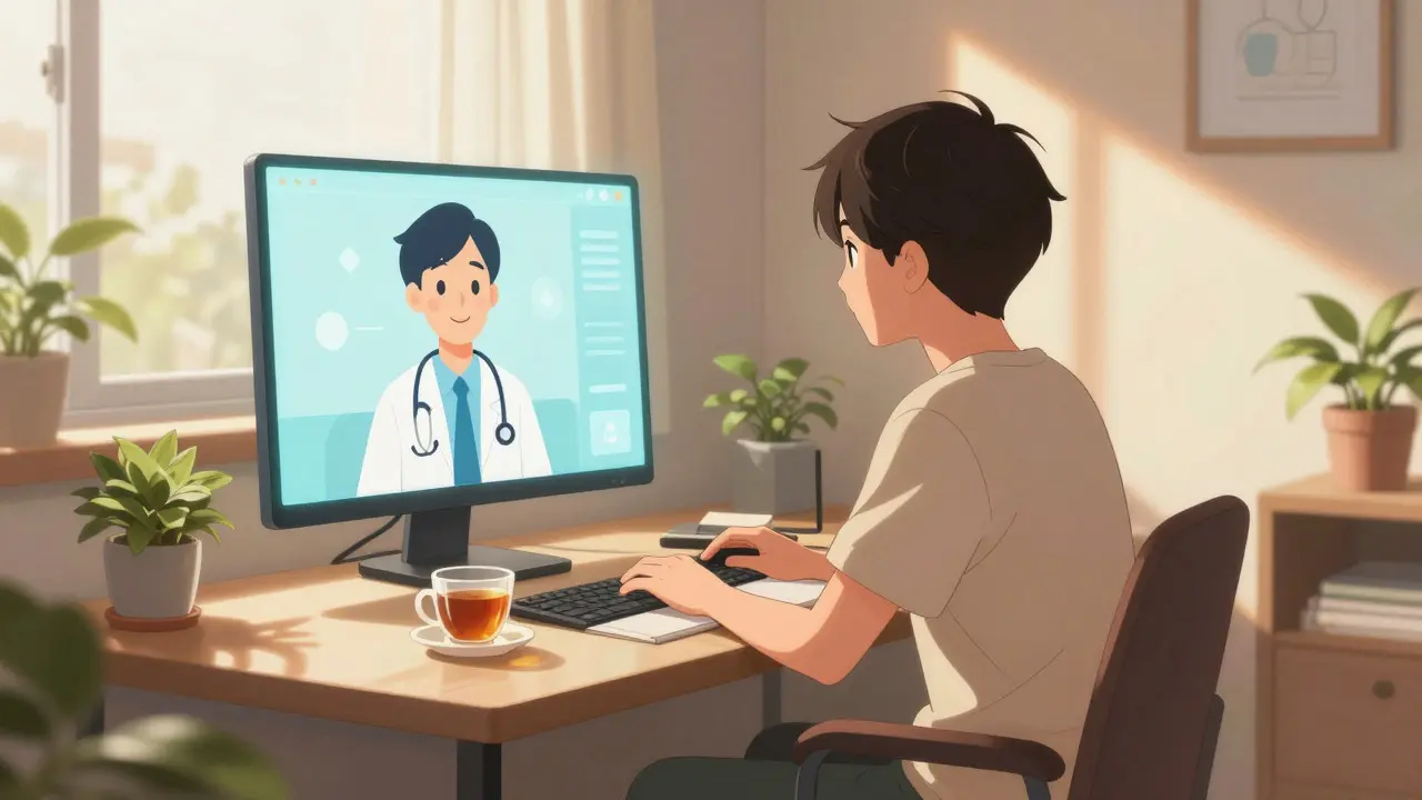 Personne en téléconsultation dans un salon lumineux