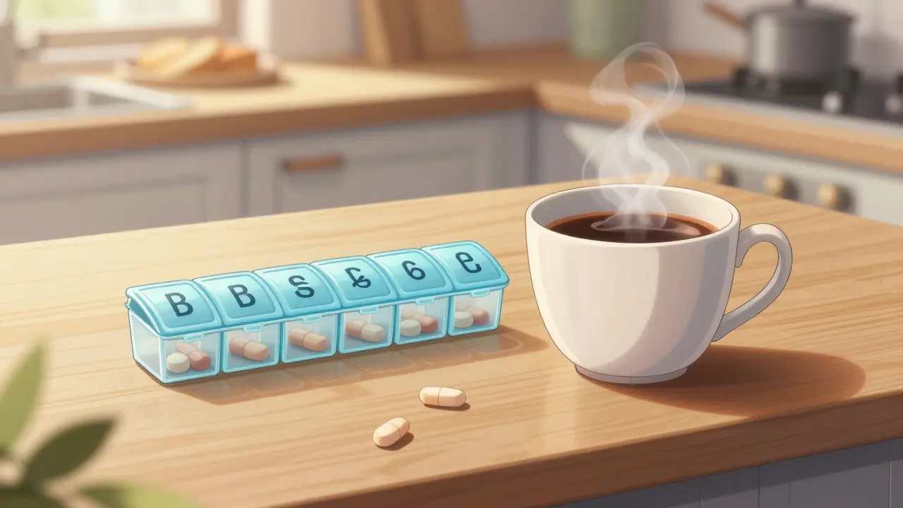 Tasse de café et organisateur de pilules sur une table de cuisine