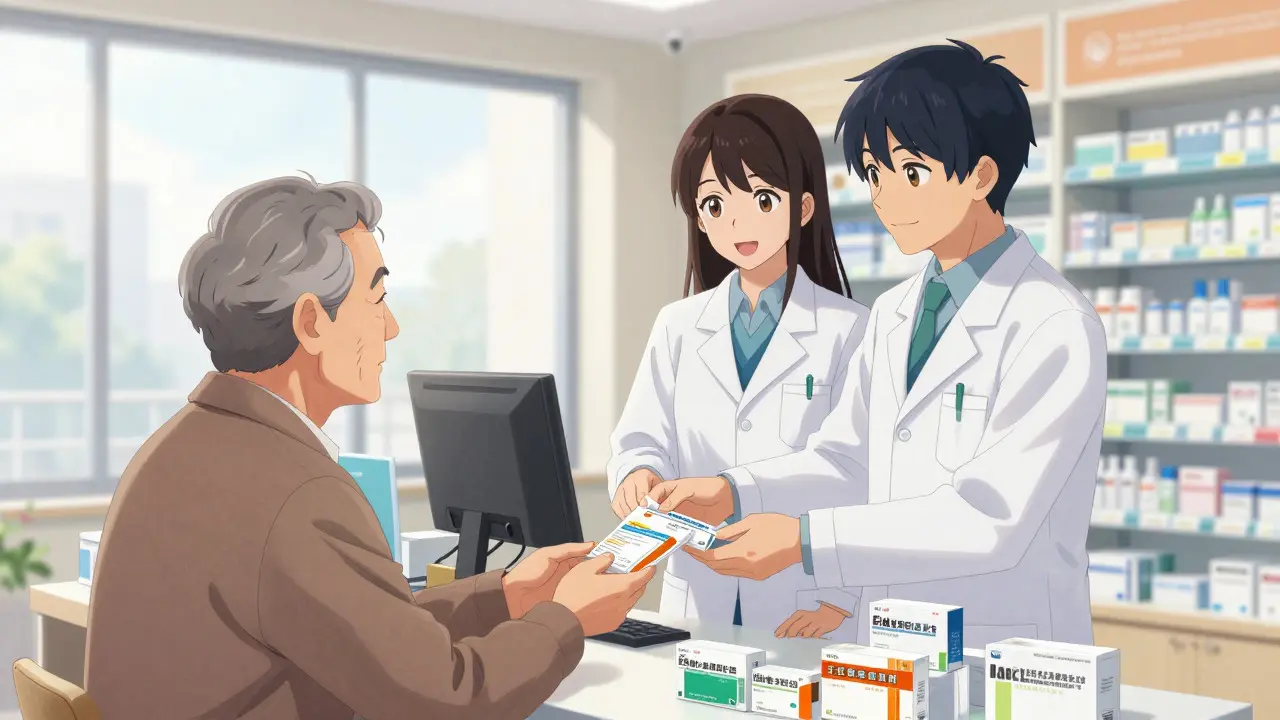 Un pharmacien remet une ordonnance à un patient rassuré dans une pharmacie lumineuse